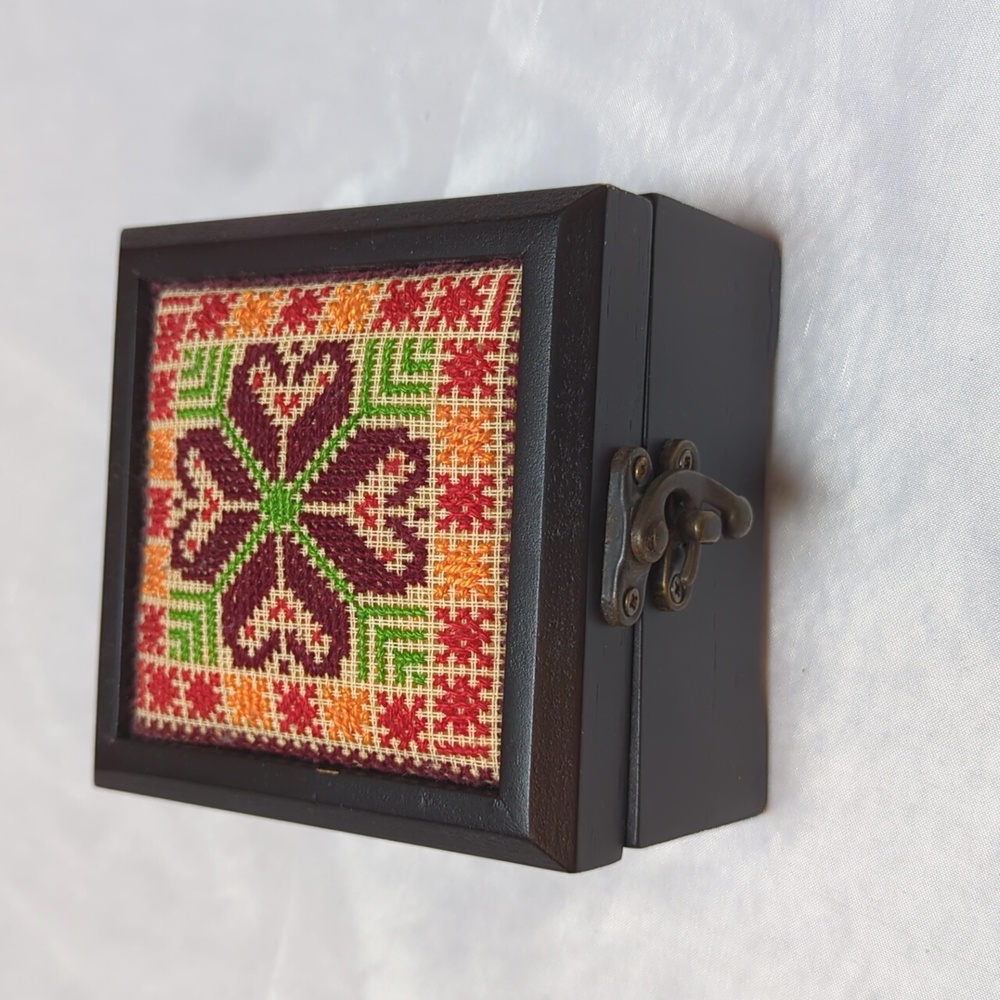 Wooden Cross Stitched Top Cottagecore Granny Boho Hinged Trinket Jewelry Box 4"